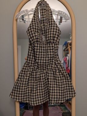 Sky to Moon Black & Beige Gingham Halter Dress